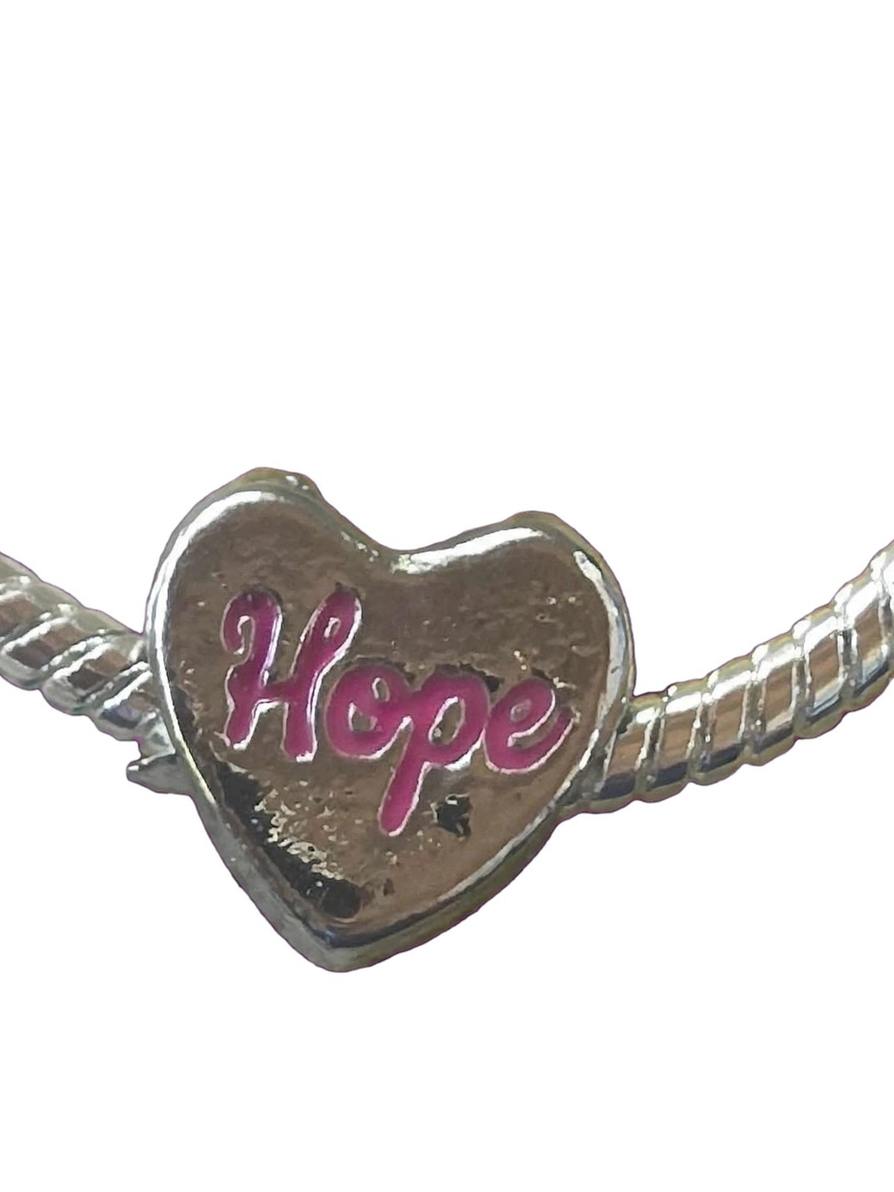 Hope heart 925 sterling silver charm with pink enamel Ribbon
